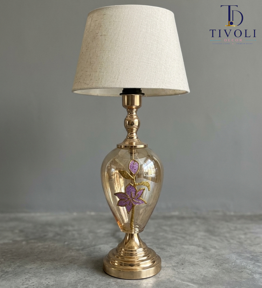Hand-painted floral glass table lamp with gold finish – Tivoli Decor