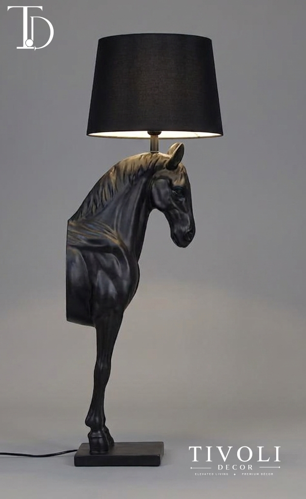 Tivoli Decor luxury equestrian horse floor lamp with a matte black sculptural stem and black fabric drum shade against a grey background.