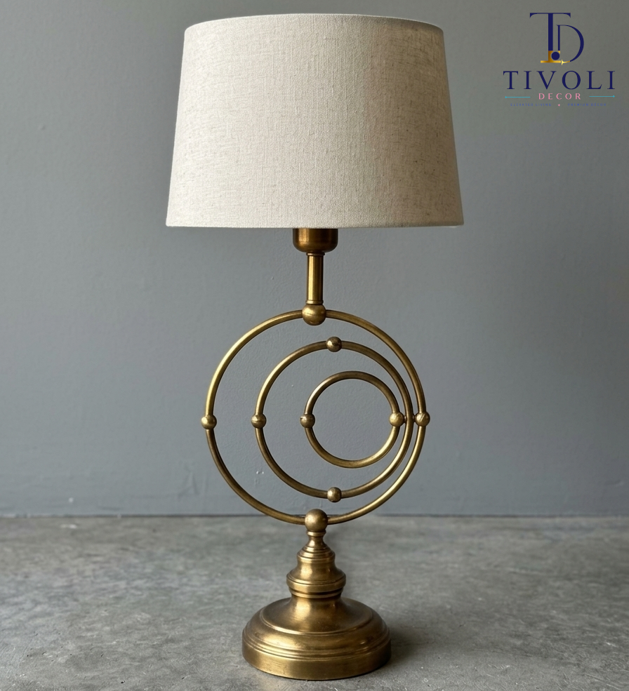 Antique brass armillary ring table lamp with linen shade – Tivoli Decor