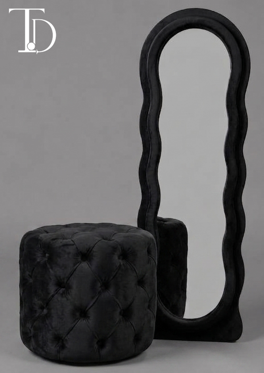 Branded Tivoli Decor Nero irregular wavy full-length floor mirror upholstered in a thick plush midnight black velvet fabric lining.