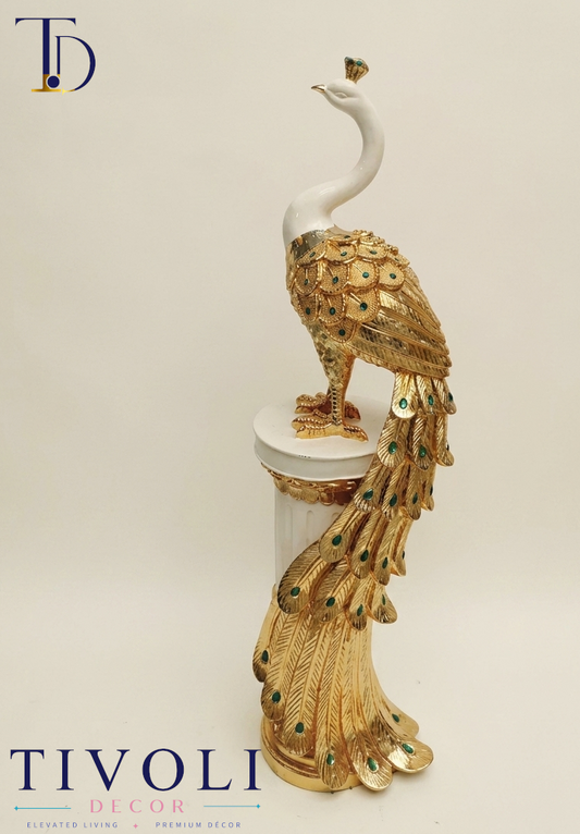 Big Size Royal Ivory & Golden Peacock Statue on Roman Pillar | Luxury Home Decor Pakistan