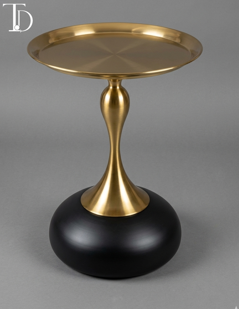 Tivoli Decor luxury pedestal accent table featuring a full brushed gold tray top, gold hourglass stem, and a solid black dome base on a grey background.