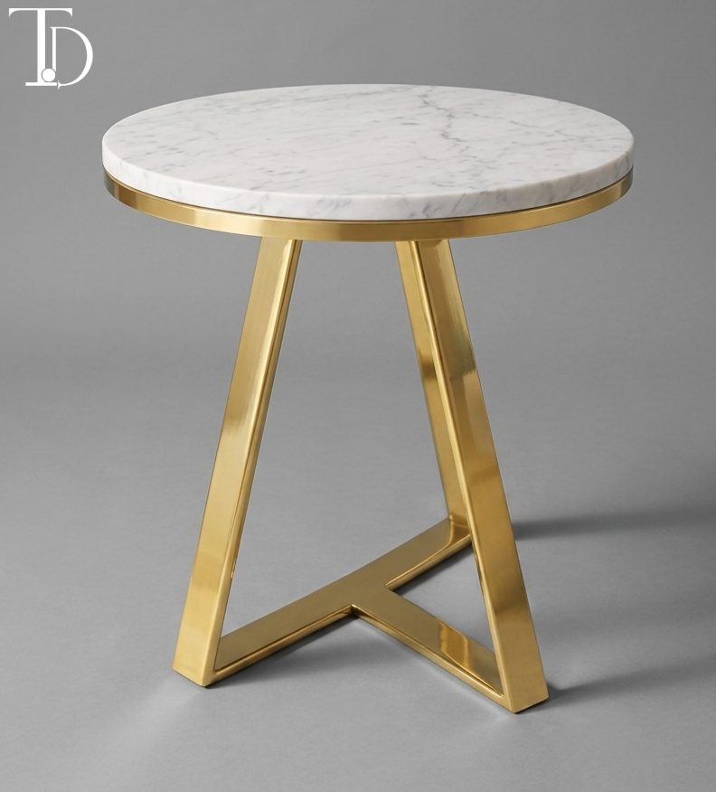 Tivoli Decor duet 2-tier white marble side table with a round upper top, rectangular lower shelf, and a geometric brushed gold frame against a grey background.