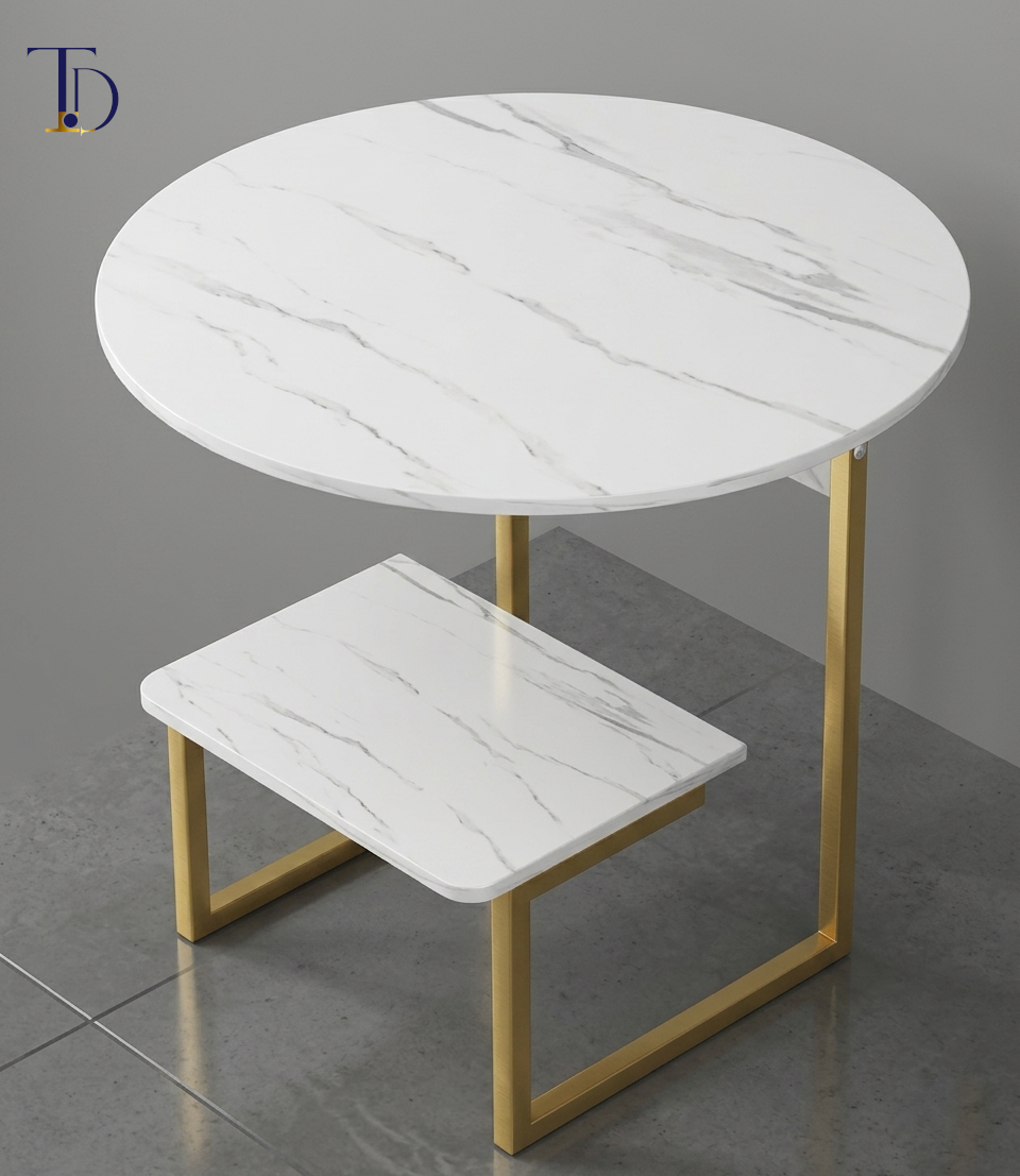 Tivoli Decor duet 2-tier white marble side table with a round upper top, rectangular lower shelf, and a geometric brushed gold frame against a grey background.