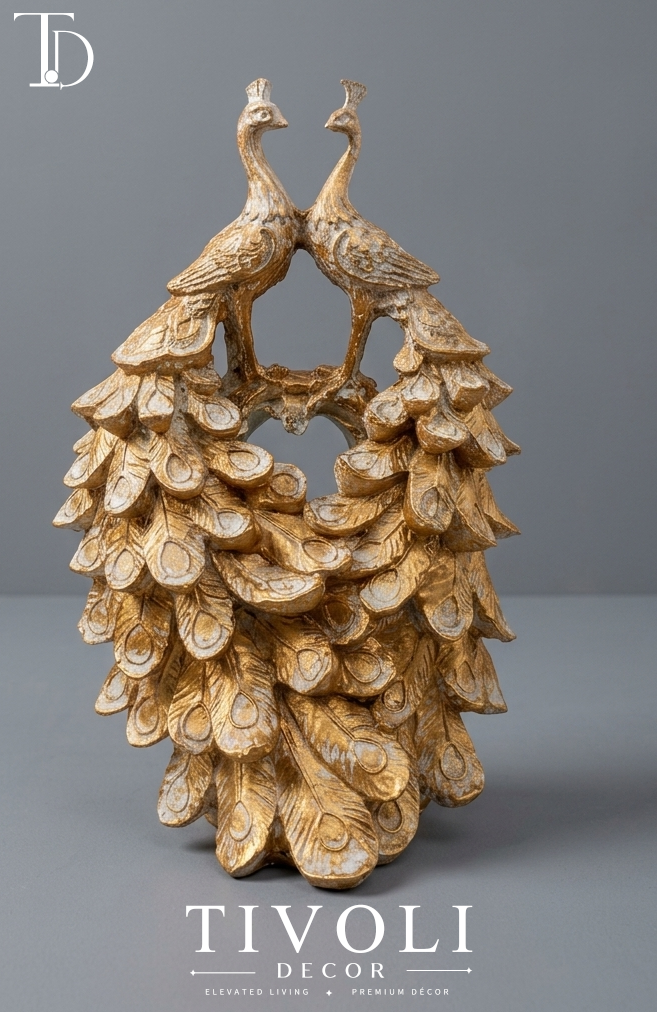 Twin peacock feather sculpture in white-gold patina finish - Tivoli Decor Pakistan