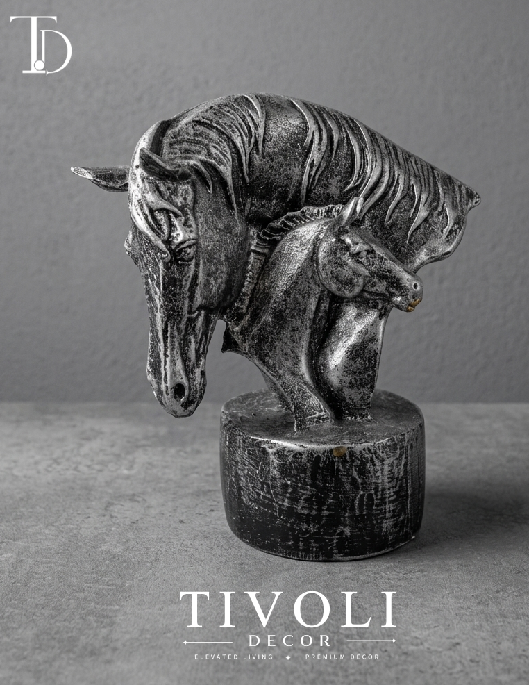 Vintage antique silver horse and foal statue by Tivoli Decor, a premium luxury decoration piece for living room console tables in Pakistan. Twin horse Statue.