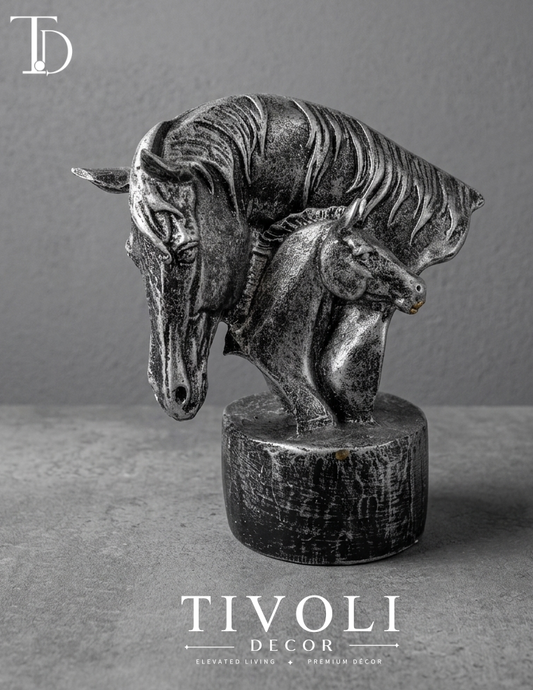 Vintage antique silver horse and foal statue by Tivoli Decor, a premium luxury decoration piece for living room console tables in Pakistan. Twin horse Statue.
