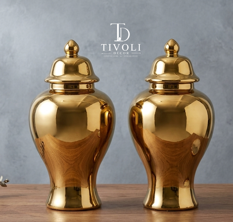 Gold ceramic ginger jar vase with domed lid by TivoliDecor Pakistan