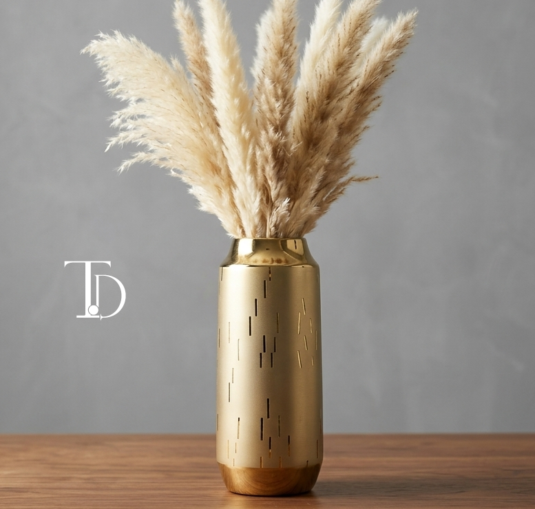 Gold cylinder vase with wood base and pampas grass by TivoliDecor Pakistan