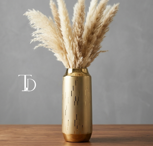 Gold cylinder vase with wood base and pampas grass by TivoliDecor Pakistan