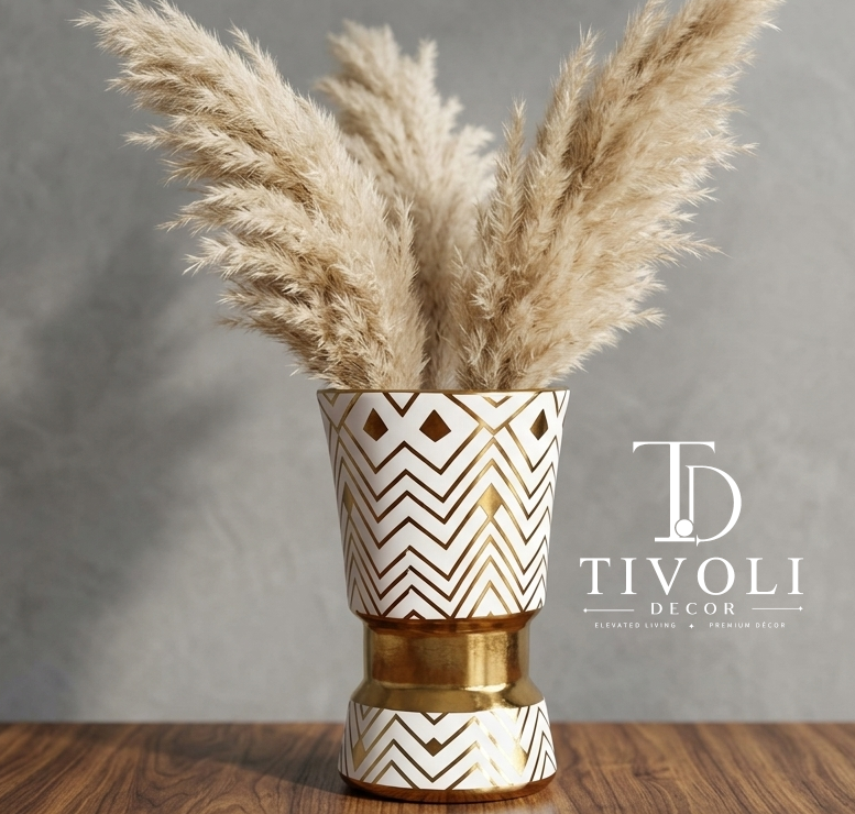 White and gold chevron ceramic vase with pampas grass by TivoliDecor Pakistan