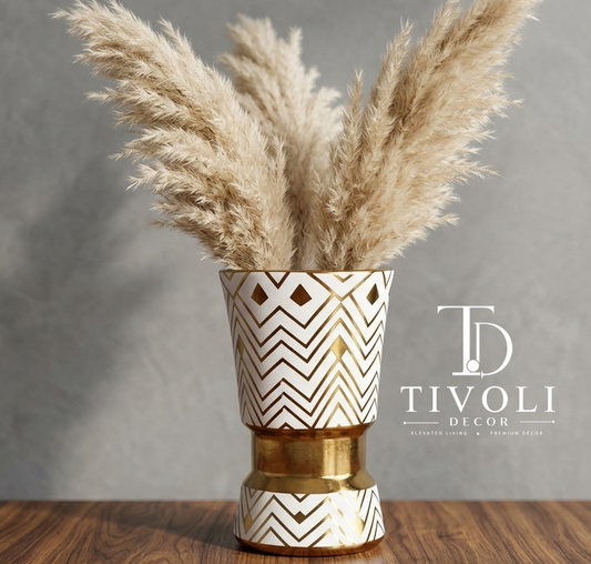 White and gold chevron ceramic vase with pampas grass by TivoliDecor Pakistan