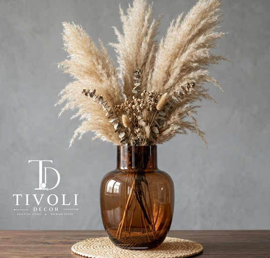 Amber glass round bud vase with pampas grass by TivoliDecor Pakistan
