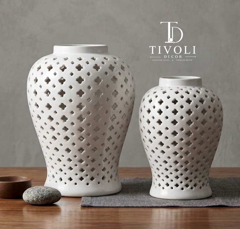 White pierced lattice ceramic jar vase in two sizes by TivoliDecor Pakistan