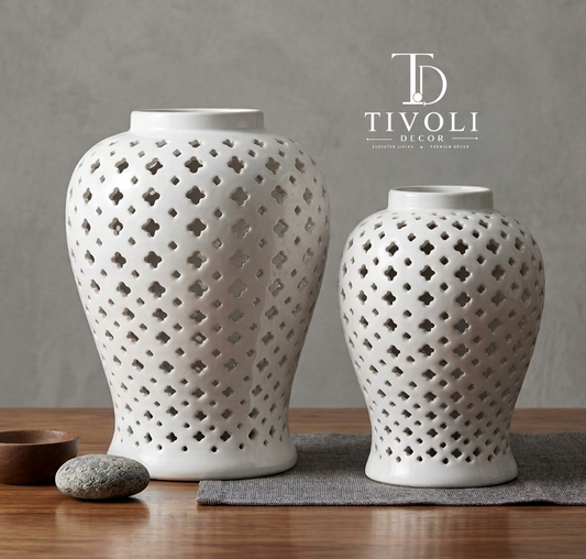 White pierced lattice ceramic jar vase in two sizes by TivoliDecor Pakistan